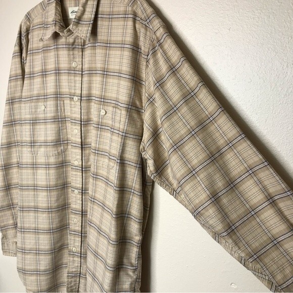 Eddie Bauer Tan Light Brown Plaid Button Front Long Sleeve Shirt Mens Size Large - Picture 3 of 12